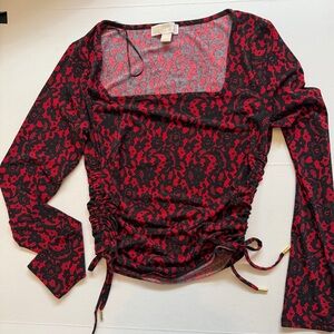 NEW Michael Kors Sz S ruched LS top blouse red/black